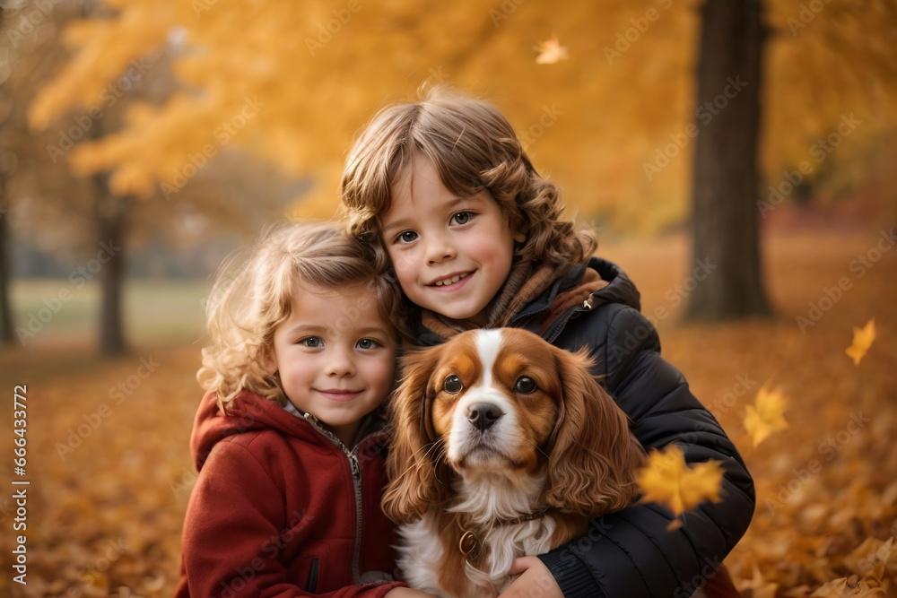 Two children with their cute dog Cavalier in autumn background Two children with their cute dog Cavalier in autumn background