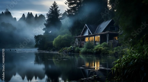 Fog swirling around a tranquil, tranquil lakeside cottage 