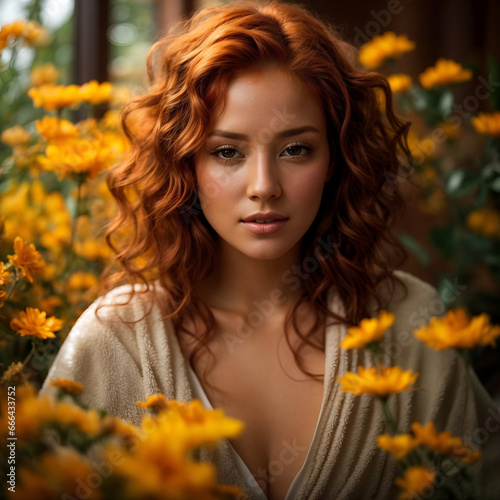 portrait of a beautiful woman with yellow flowers