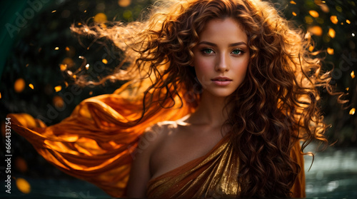 portrait of a beautiful woman in her dress with orange background
