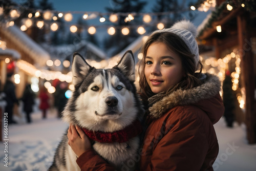 Young girl with her dog husky during winter christmas background