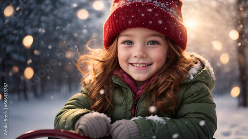 Little girl with red hair playing outside during winter snowing