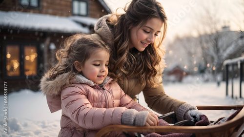 Little girl with her mom playing outside during winter snow