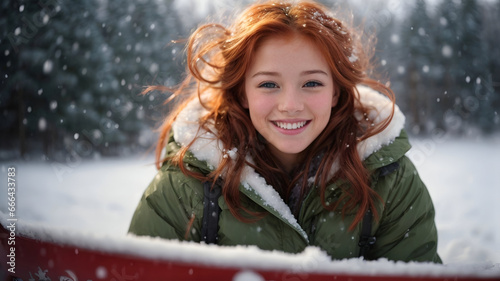 Little girl with red hair playing outside during winter snowing