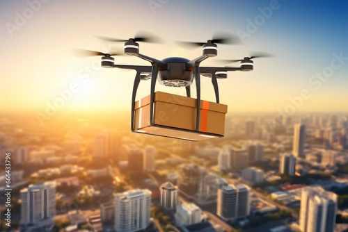 delivery drone delivering package over the city