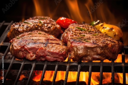 hot barbecue grill full of meat with flames visible