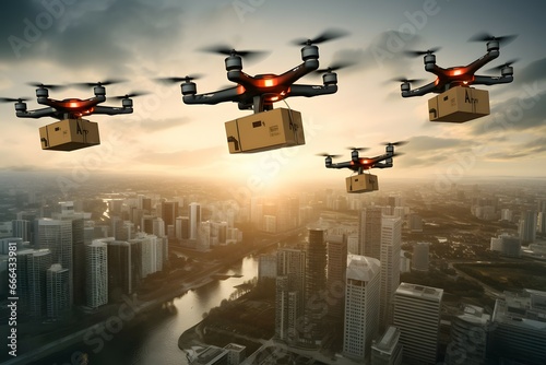 a flock of delivery drones delivering package over the city