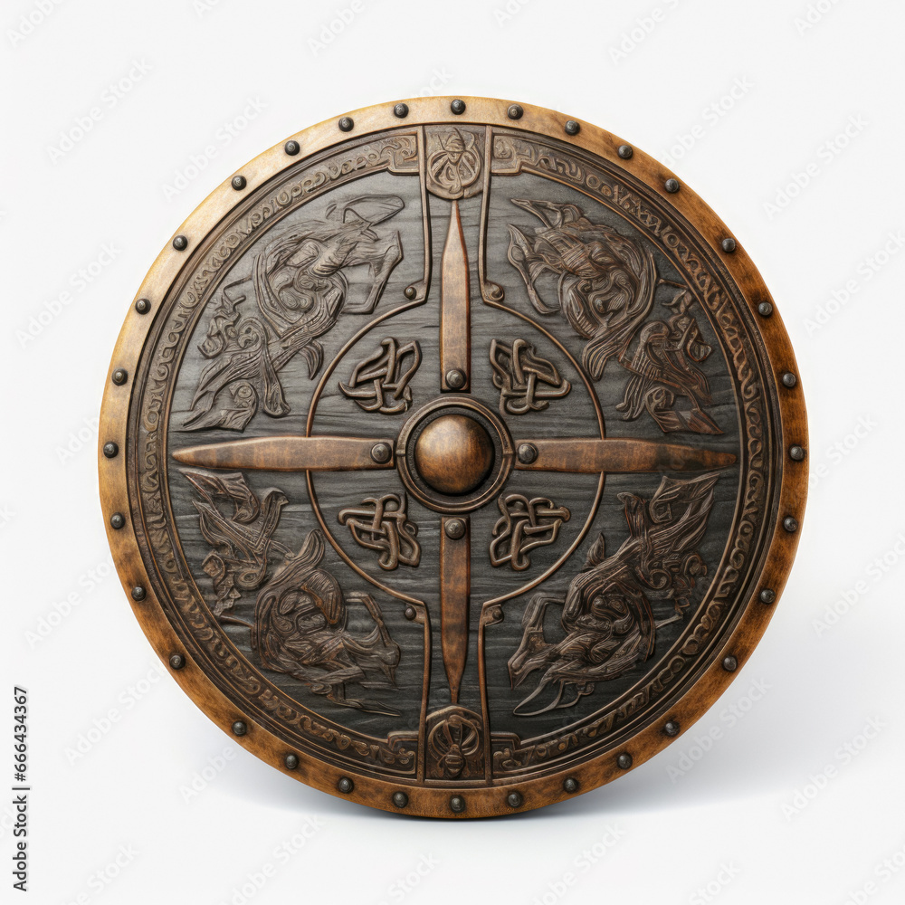 Finely Crafted Viking Shield On White Background Created Using Artificial Intelligence Finely Crafted Viking Shield On White Background Created Using Artificial Intelligence