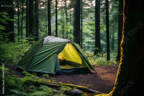 close-up of tent set up among green trees in forest © altitudevisual