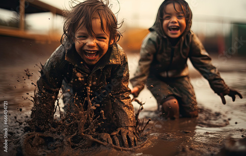 children playing in puddle with water coming at them