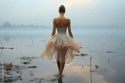 Indonesia March 25, 2023 - a female dancer who is stylized as a professional ballerina in the water area near the beach at sunrise with a sky full of colors. photo
