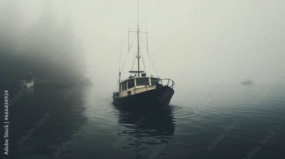 Naklejka premium A boat navigating through a fog-shrouded harbor 