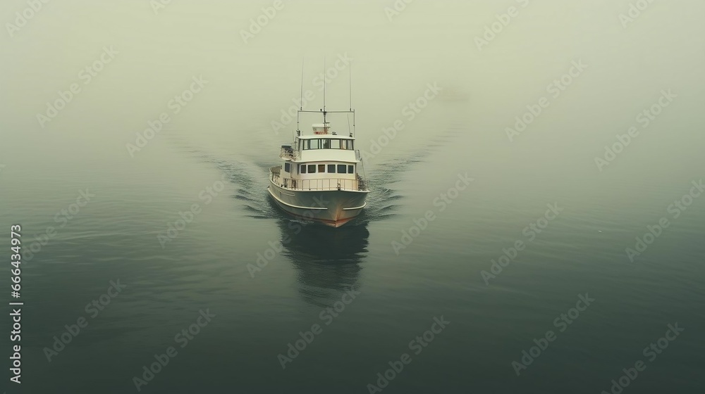 Fototapeta premium A boat navigating through a fog-shrouded harbor 
