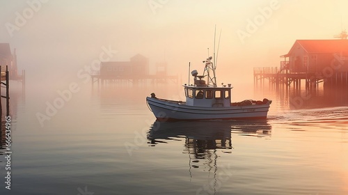 A boat navigating through a fog-shrouded harbor 