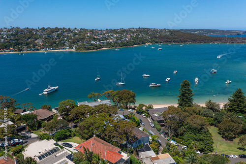 Panoramic drone aerial view over Cobblers Bay and Chinamans Beach in Mosman  Northern Beaches Sydney
