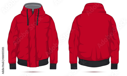Red hooded bomber jacket mockup front and back view