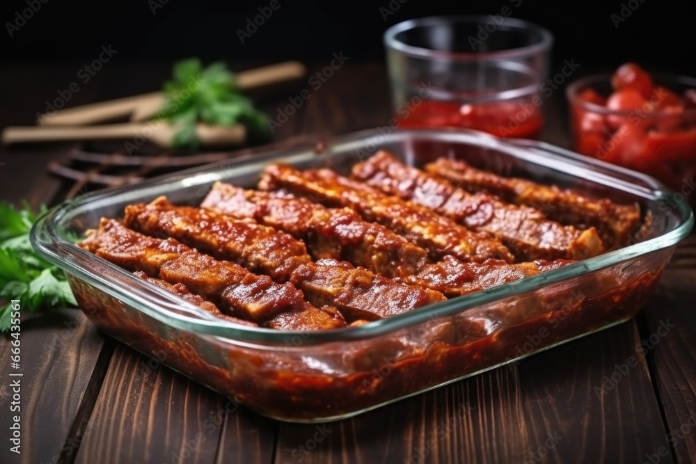 tempeh ribs with bbq sauce in a glass casting pan