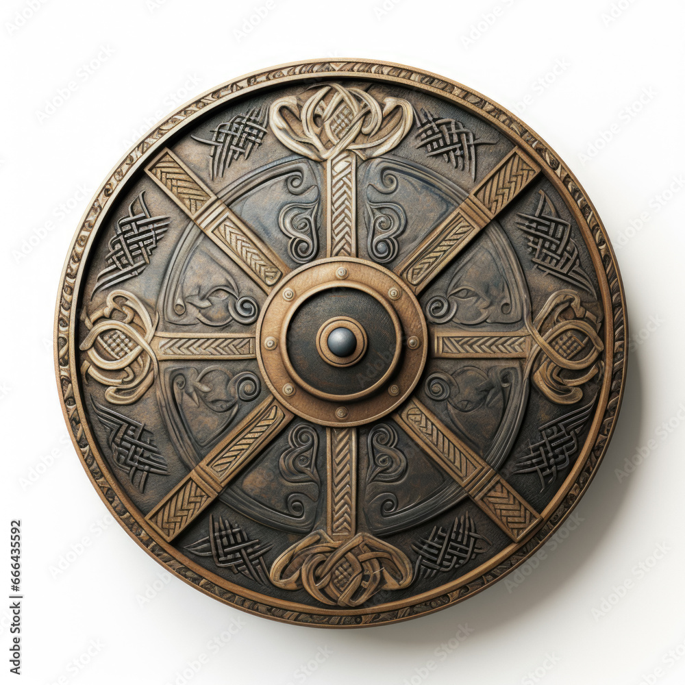 Finely Crafted Viking Shield On White Background Created Using Artificial Intelligence