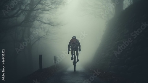 A lone cyclist emerging from the dense, atmospheric fog  © Abdul