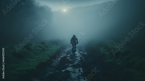 A lone cyclist emerging from the dense, atmospheric fog  © Abdul