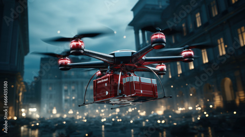 Drones are flying to deliver medical boxes to patients,Drone transporting a first aid to the city,Drone with first aid kit Emergency medical care concept