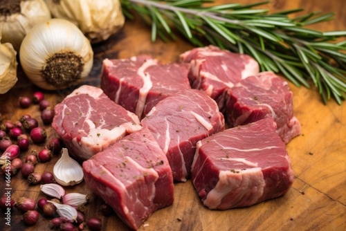 detail of beef roast texture with embedded garlic and rosemary