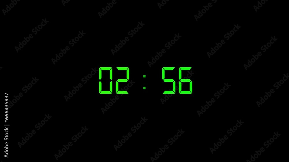 2 minutes digital clock showing time to go, countdown timer animation