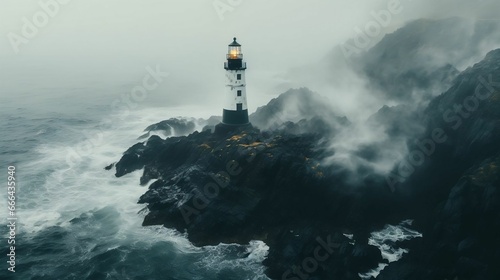 A lonely lighthouse obscured by the dense sea mist 