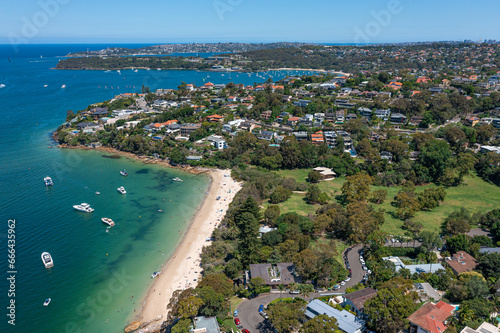 Panoramic drone aerial view over Cobblers Bay and Chinamans Beach in Mosman, Northern Beaches Sydney © PicMedia