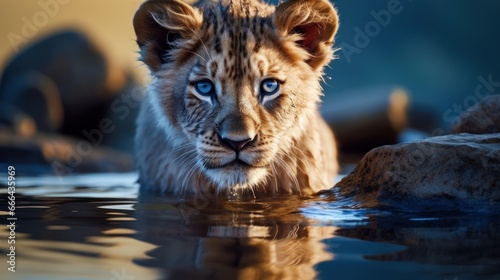 Lion and cub looking at his reflection in the water  against the background of mountains.