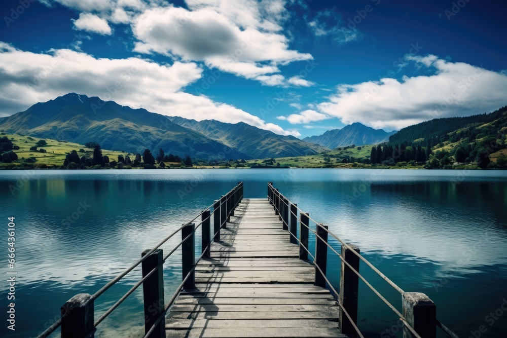 jetty at peaceful lake and mountain view in summer - obrazy, fototapety, plakaty 