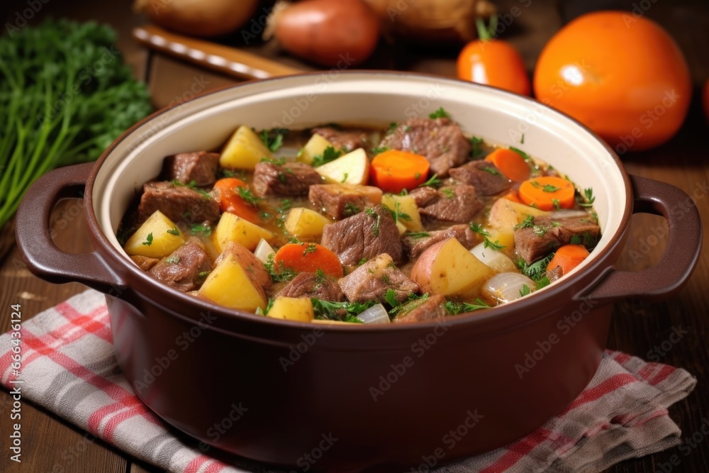 stirring beef and vegetable stew in a ceramic pot stirring beef and vegetable stew in a ceramic pot