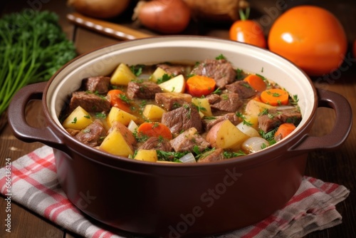 stirring beef and vegetable stew in a ceramic pot