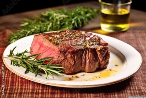 beef roast with golden garlic and green rosemary leaves on a fancy square plate