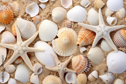 a collection of seashells on the sandy beach