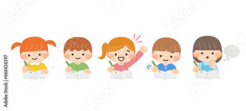 勉強をする子供たちのイラスト素材セット