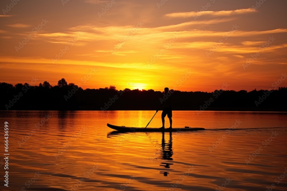 silhouetted paddleboard on a lake at sunset