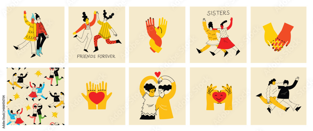Best friends concept illustration. Vector illustration of multicultural girls and multicultural friendship. Happy friendship day. Teenage girl friends hugging and having fun.