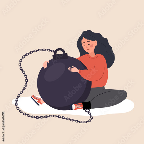 Self flagellation. Sad woman hugging heavy wrecking ball and feeling guilty. Concept of psychological self-harm, criticism, judgment. Mental problems. Vector illustration in flat cartoon style.