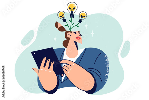 Woman comes up with new ideas for developing own business, stands with light bulbs growing from head