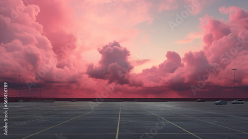 Pink cloudy sky against empty parking lot photo