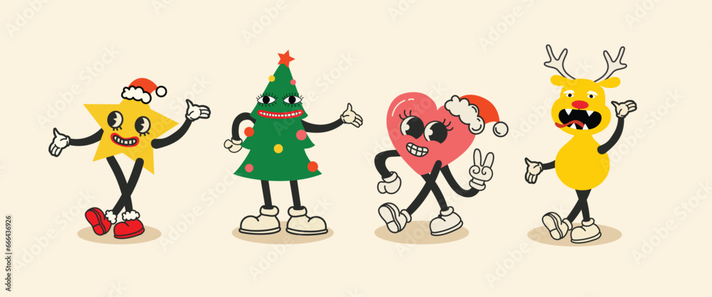 Groovy hippie Christmas stickers. Santa Claus, Christmas tree, deer and heart ,groovy and bright, in trendy retro cartoon style. Merry Christmas and Happy New year.