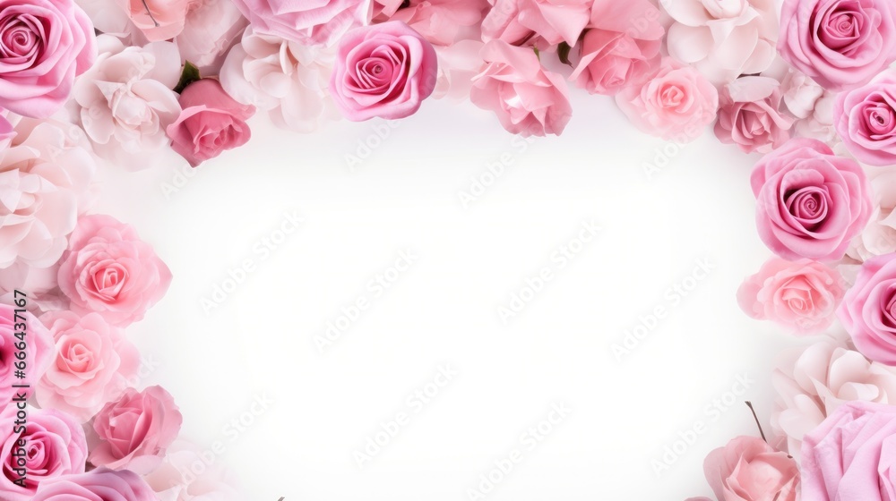 pink roses flowers and petals isolated on white background. Valentine's day Floral frame composition. Empty copy text space. advertisement, banner, card. for template, presentation.
