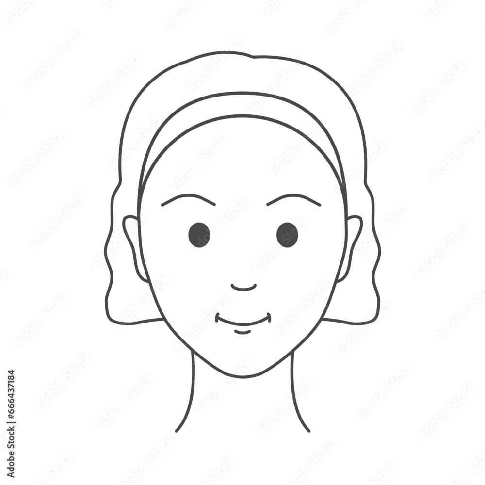 Portrait of a young woman. Teenage girl, school kid. Female face in front view. Happy and radiant look. Youthfulness concept. Linear vector illustration.