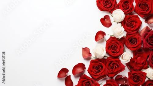 red roses flowers and petals isolated on white background. Valentine's day Floral frame composition. Empty copy text space. advertisement, banner, card. for template, presentation.