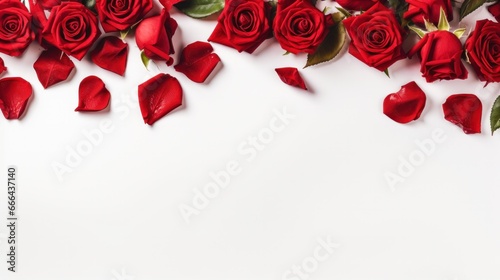 Fototapeta Naklejka Na Ścianę i Meble -  red roses flowers and petals isolated on white background. Valentine's day Floral frame composition. Empty copy text space. advertisement, banner, card. for template, presentation.