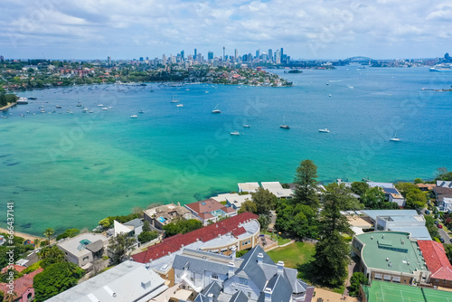 Drone aerial view of Rose Bay, Harbour Bridge and Opera House, Sydney
