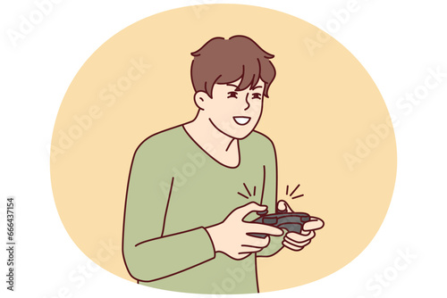 Guy with joystick playing computer games at home. Young man with joypad have fun engaged in videogame. Addiction and hobby. Vector illustration.