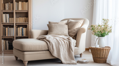 Cozy beige chaise lounge sofa with a soft blanket photo