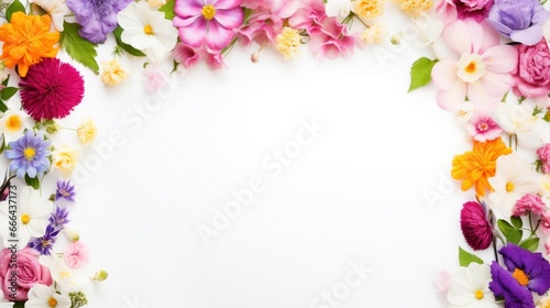 composition frame with colorful flowers on blank white background.Greeting card. Valentine's day. copy text space. 